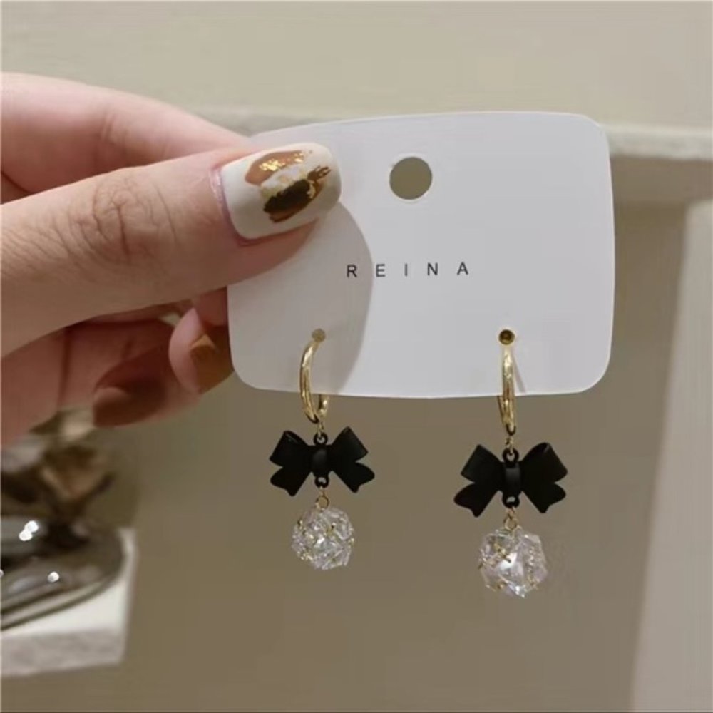 Diamond Ball Earrings with Bowknot Shape Pendant - Picture 7 of 7